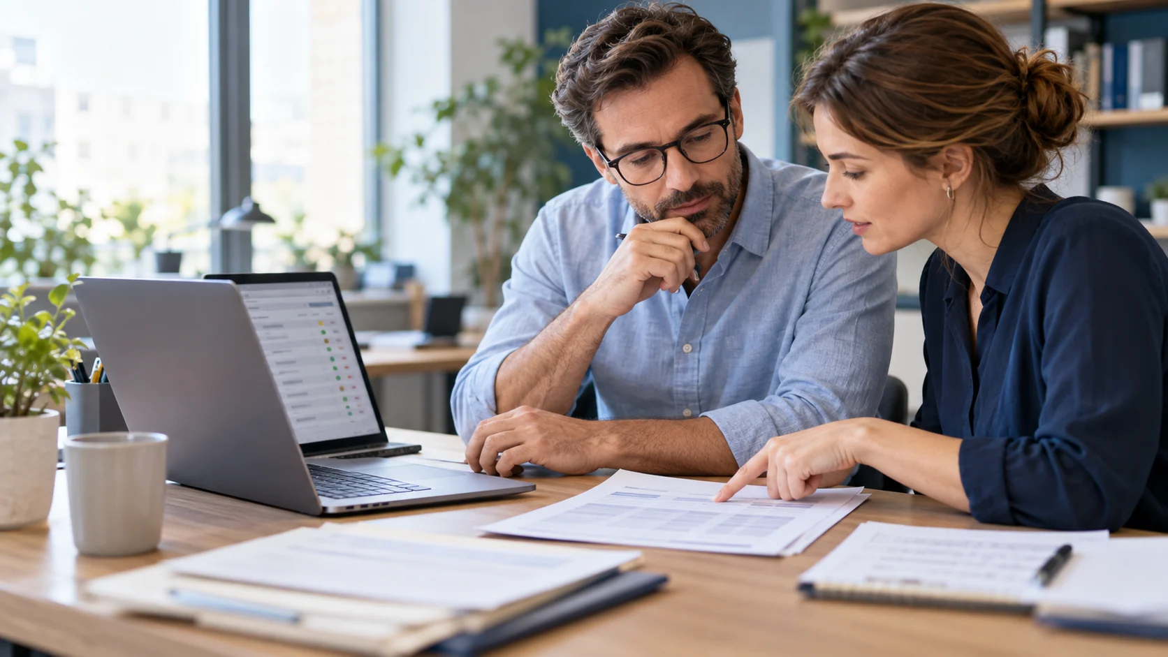 Zwei Mitarbeitende im Finanzbereich vergleichen einen Rechnungsbeleg mit Daten auf einem Laptop am Bürotisch