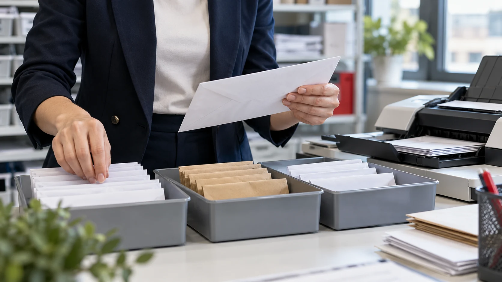 An employee sorting envelopes in a corporate mailroom