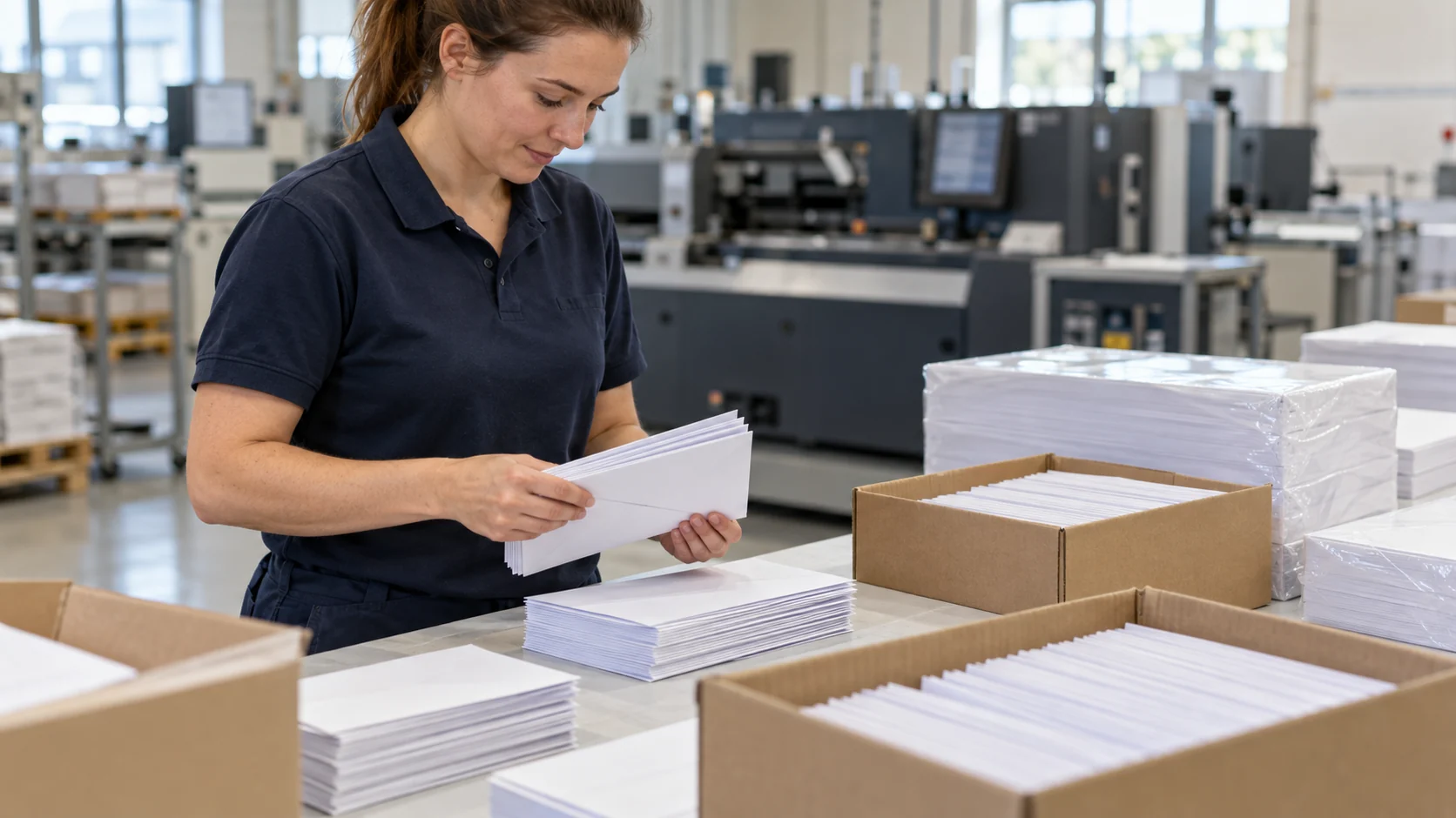 A worker counts blank envelopes beside cartons and paper reams in a print facility