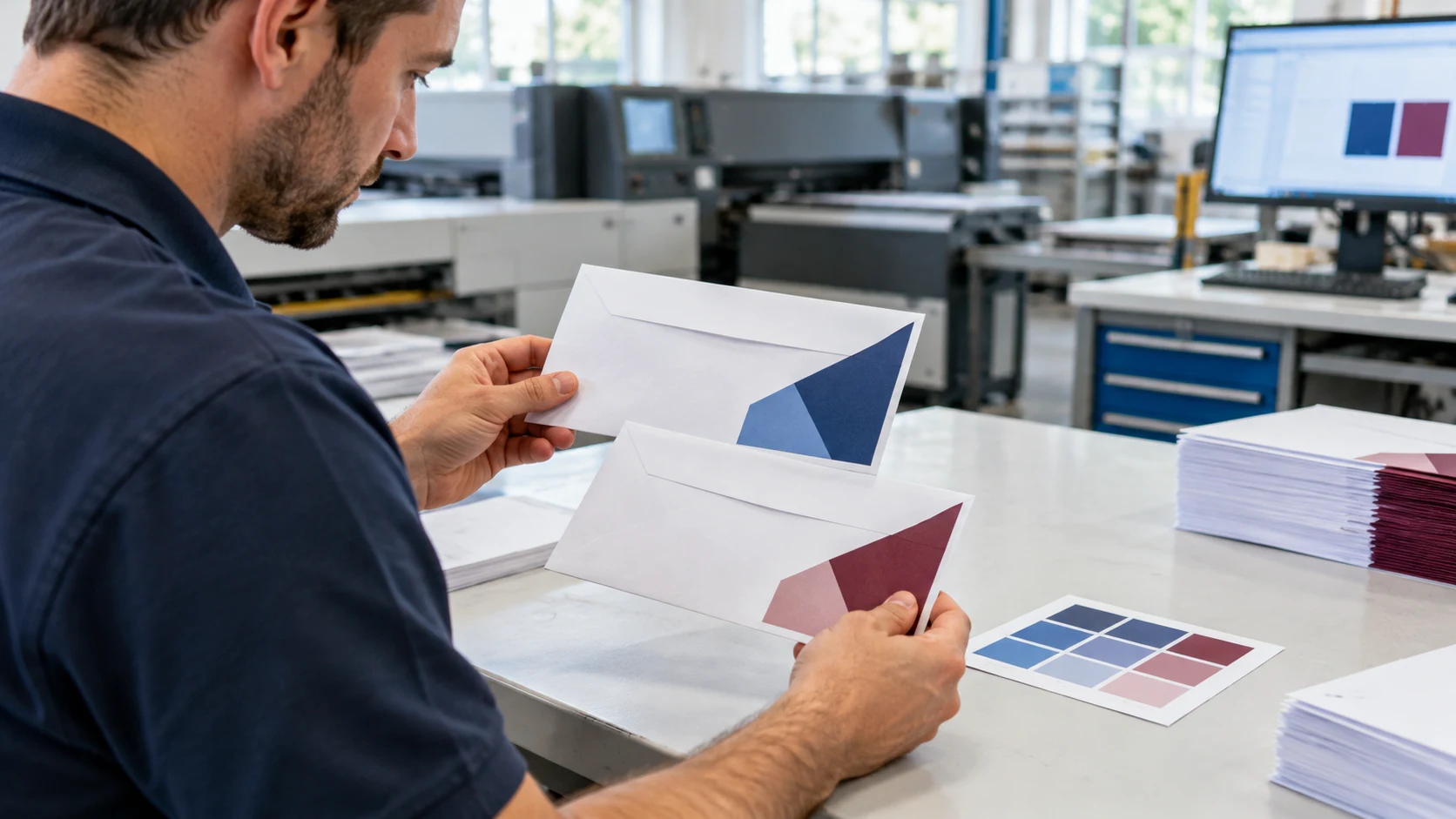 A print technician compares colour samples and business envelopes at a print preparation workstation
