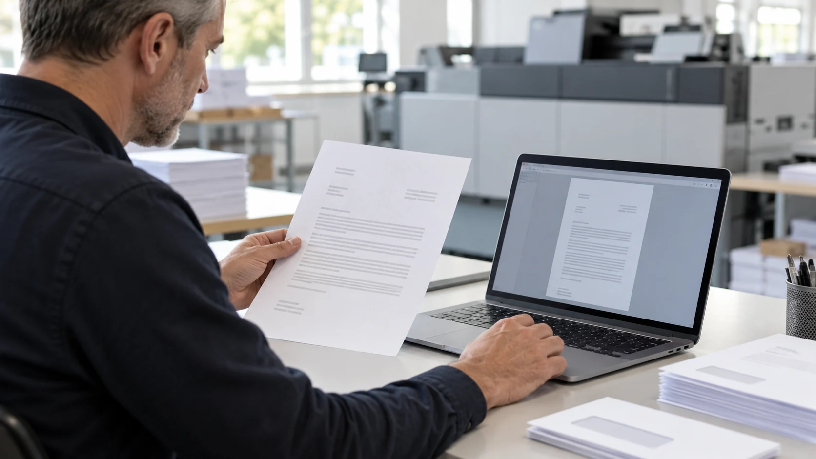 Eine Druckfachkraft vergleicht einen gedruckten Brief mit dem Seitenlayout auf einem Laptop