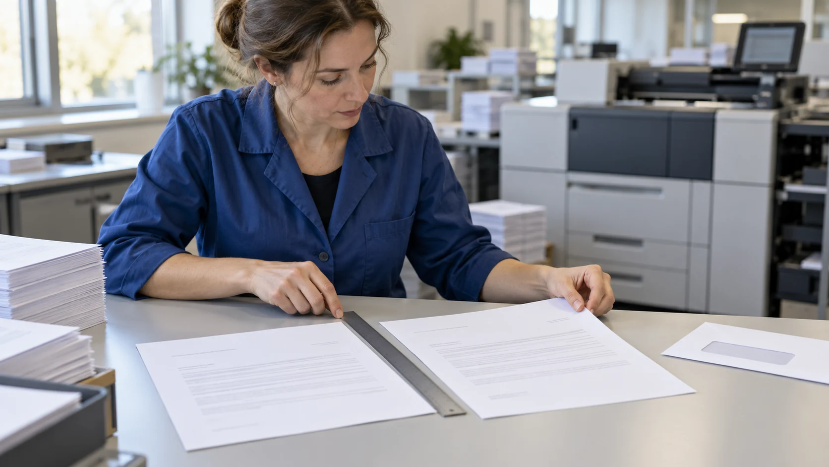 Print preparation operator comparing paper document sizes beside a ruler and a window envelope