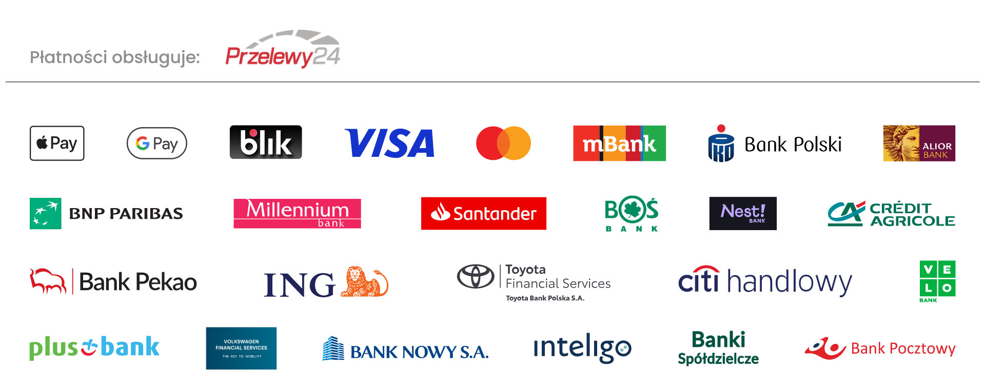 Przelewy24 - Apple Pay, Google Pay, BLIK, Visa, Mastercard
